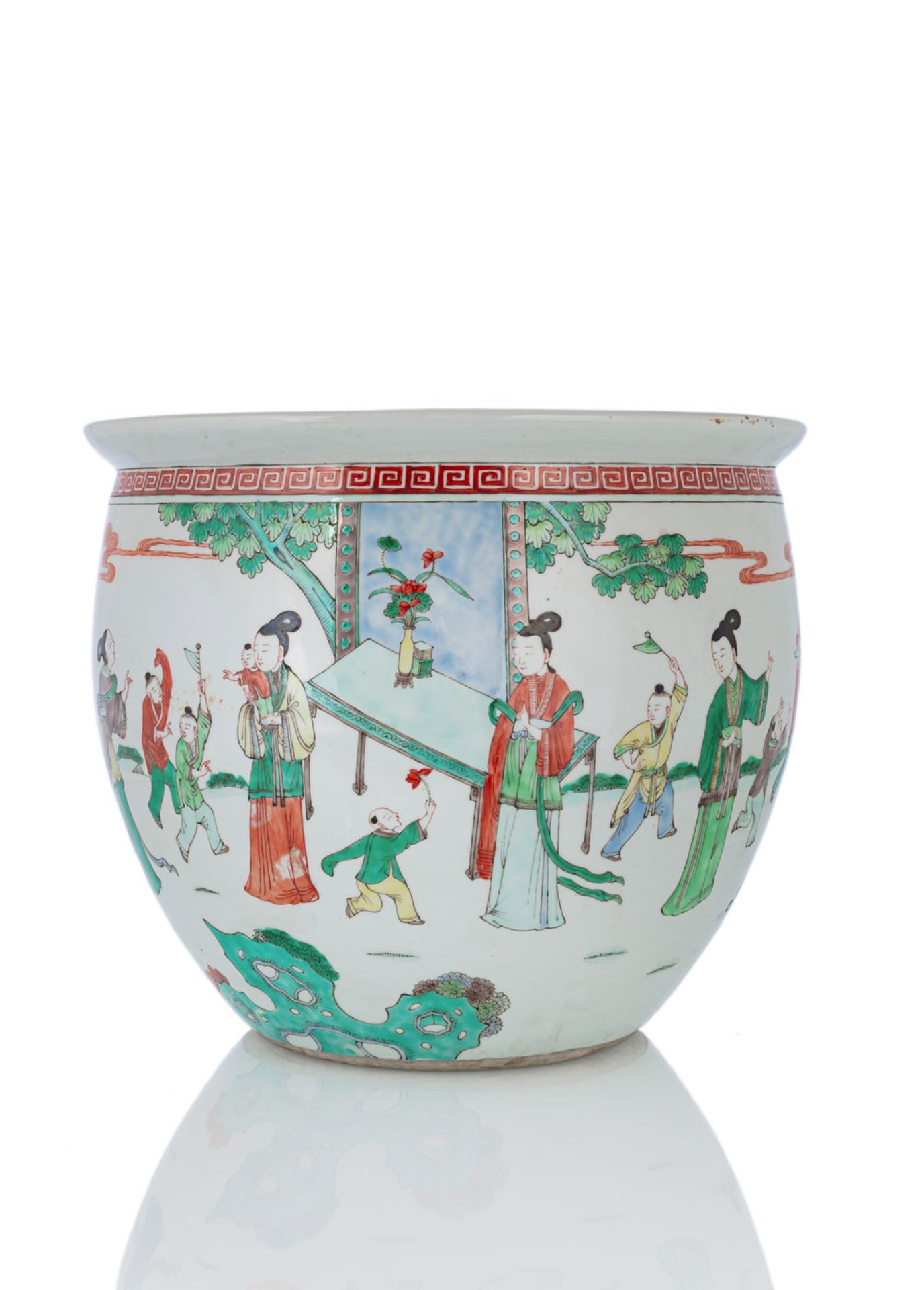 A 'FAMILLE VERTE' PORCELAIN JAR FOR SCROLLS ('JUAN GANG') DEPICTING LADIES AND BOYS IN A GARDEN