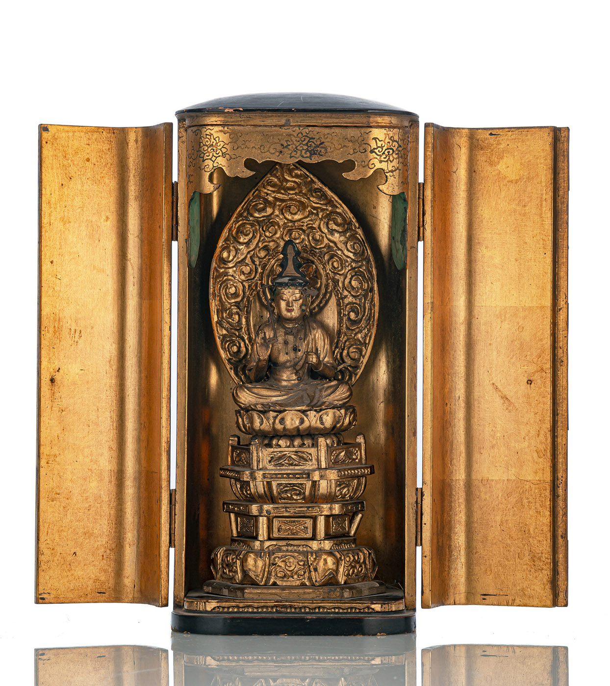 A GILT- AND BLACK-LACQUERED WOOD SHRINE WITH A BOSATSU