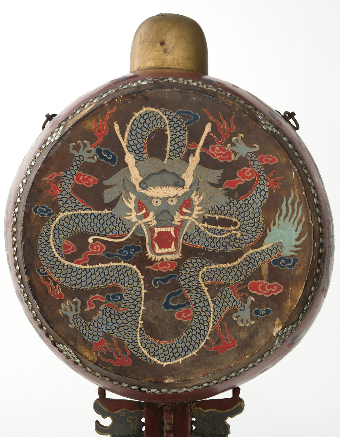 A LARGE DRUM ON A RED-LACQUERED STAND WITH DRAGONS - Image 3 of 7