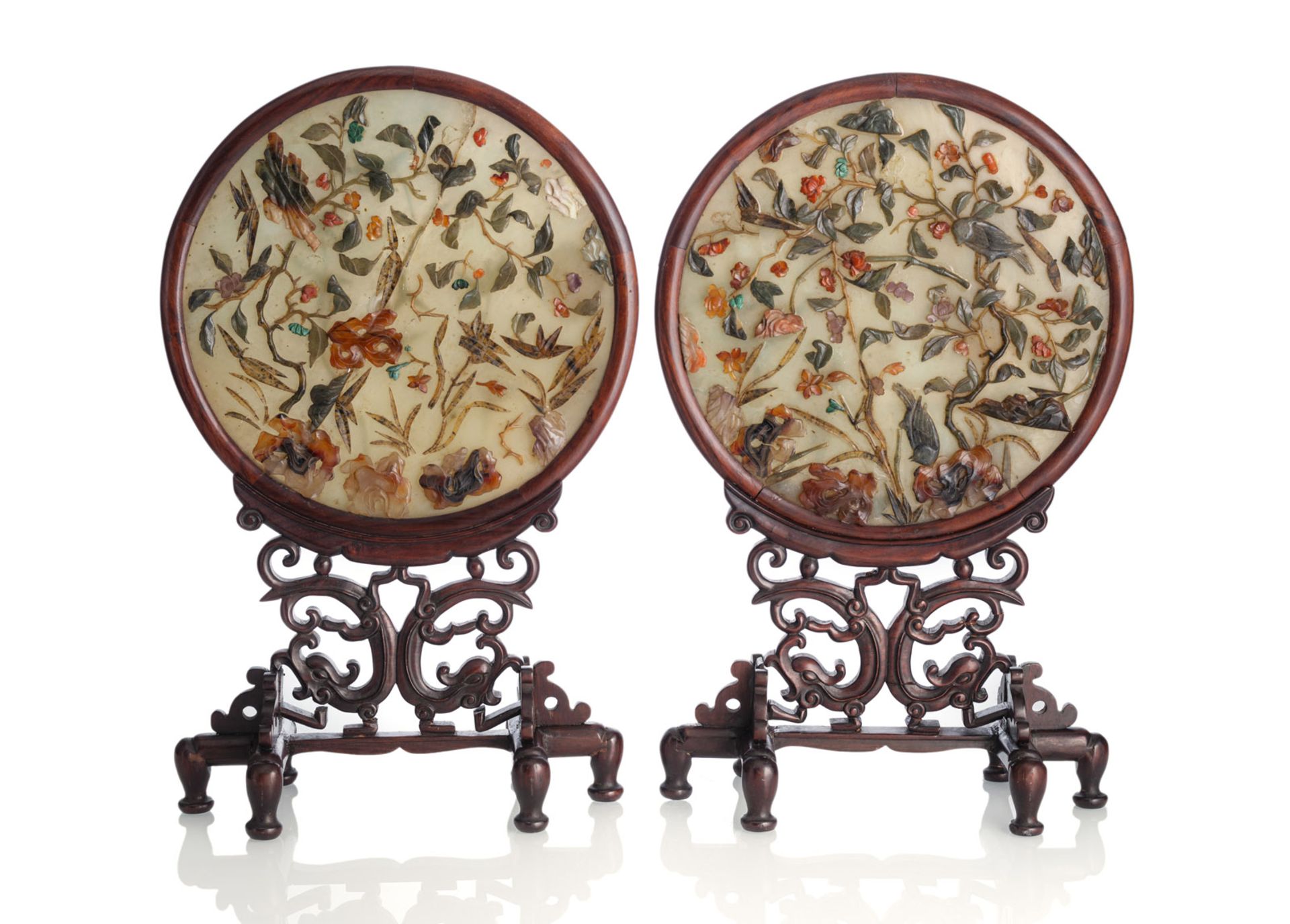 A PAIR OF CARVED WOOD TABLE SCREENS WITH STONE EMBELLISHED JADE PANELS