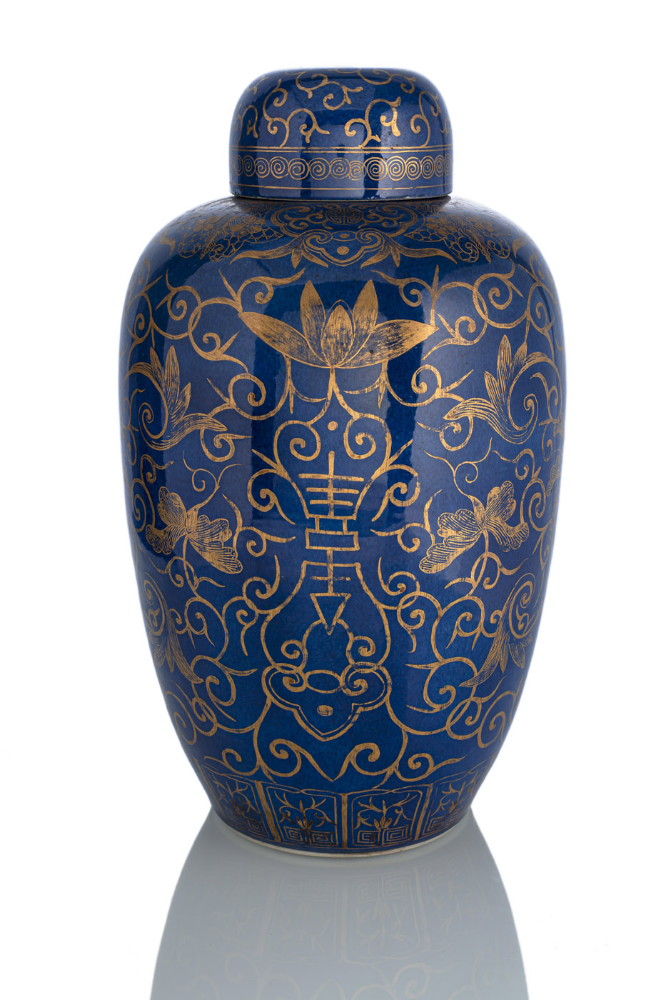 A POWDER-BLUE LOTUS AND BATS GOLD-PAINTED PORCELAIN VASE AND COVER - Image 2 of 2