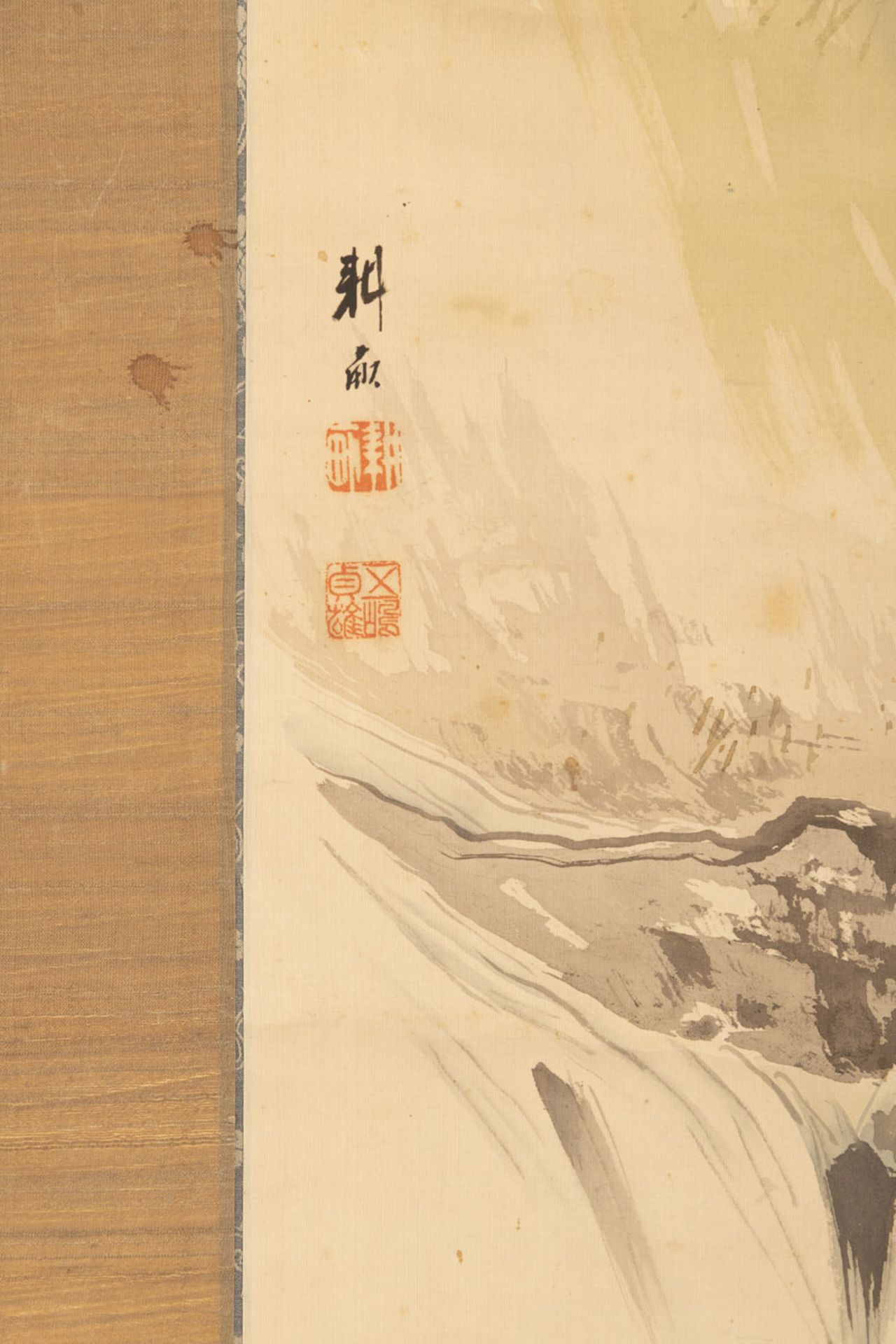 FOUR HANGING SCROLLS WITH DIFFERENT DEPICTIONS: ESCAPE FROM THE RAIN, A RIVER LANDSCAPE, A PAIR OF - Image 7 of 17