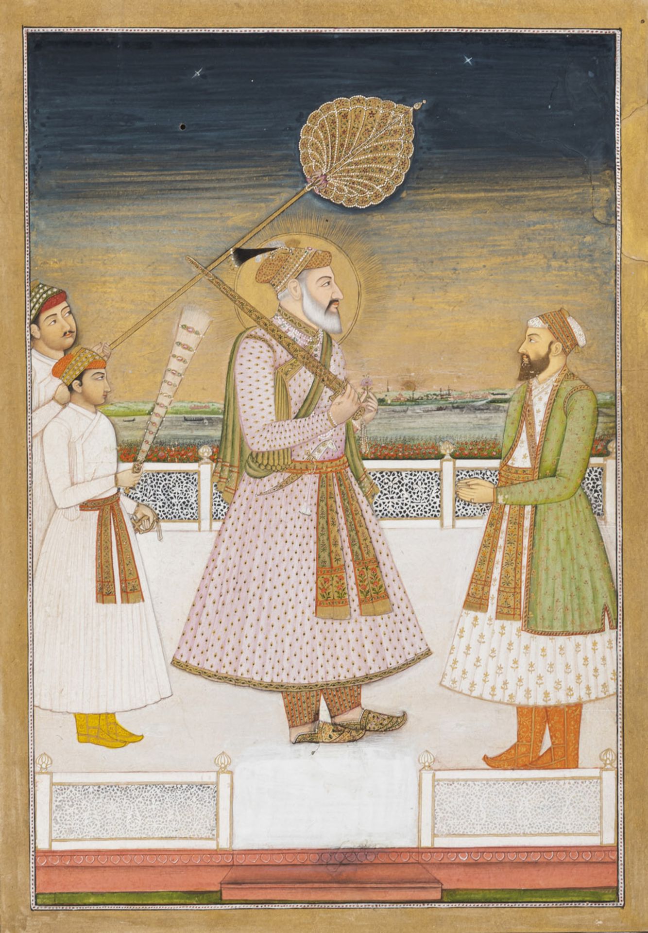 A FINE PAINTING IN GOUACHE AND GOLD OF THE MUGHAL EMPEROR SHAH JAHAN, SIGNED ON THE BACK AND FRONT