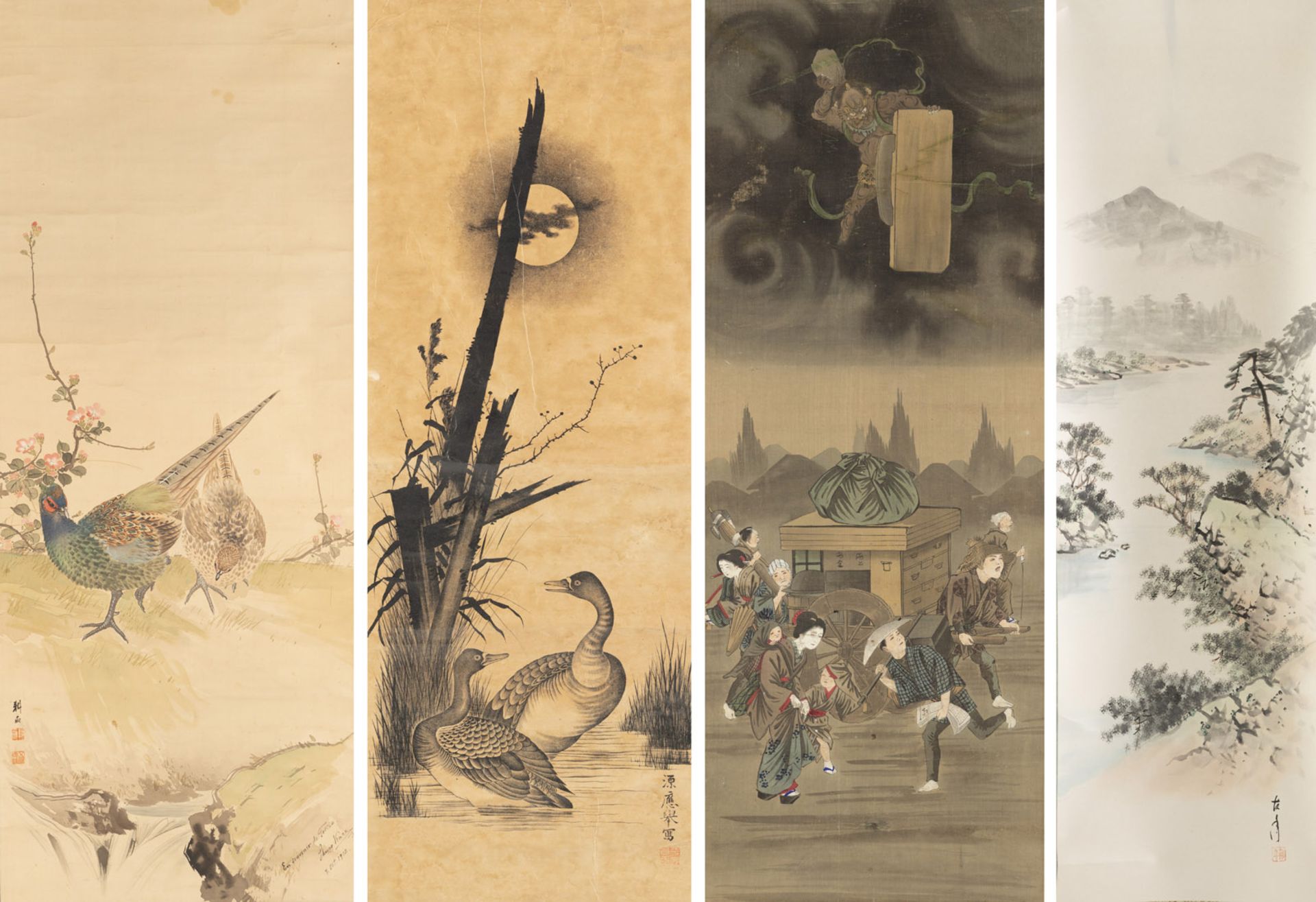 FOUR HANGING SCROLLS WITH DIFFERENT DEPICTIONS: ESCAPE FROM THE RAIN, A RIVER LANDSCAPE, A PAIR OF