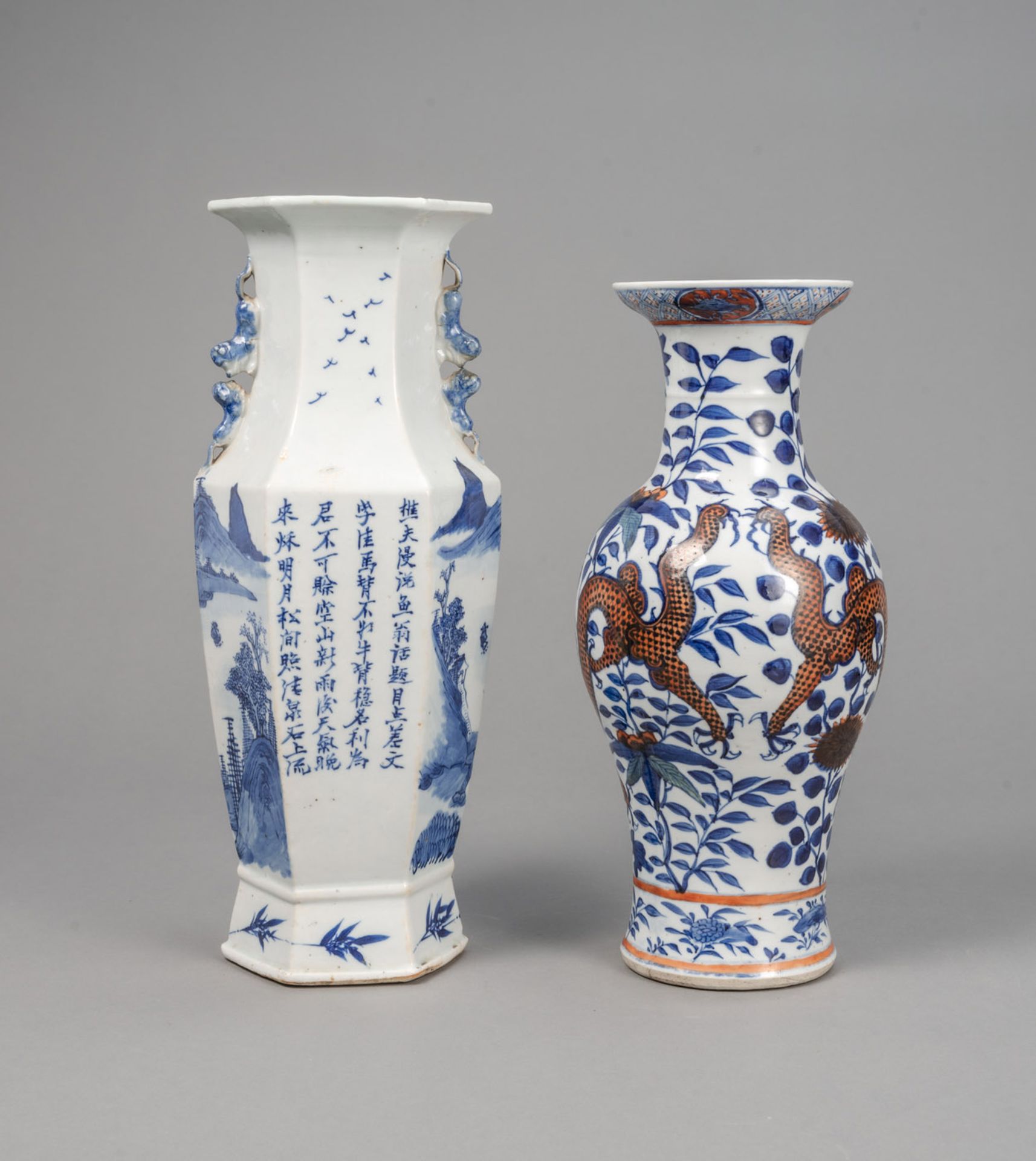 A HEXAGONAL BLUE AND WHITE LANDSCAPE PORCELAIN VASE AND A BLUE AND RED DRAGON VASE - Image 2 of 5