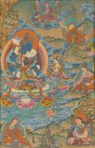 Gruppe von neun Thangka mit Darstellungen des Buddha, Mahakala u. a.