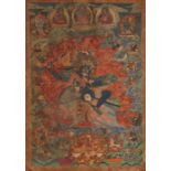 Thangka des Pelden Lhamo auf Maultier und Gebetsfahne mit sechs Darstellung des Heruka