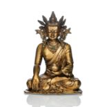 Seltene feuervergoldete Bronze des gekrönten Buddha