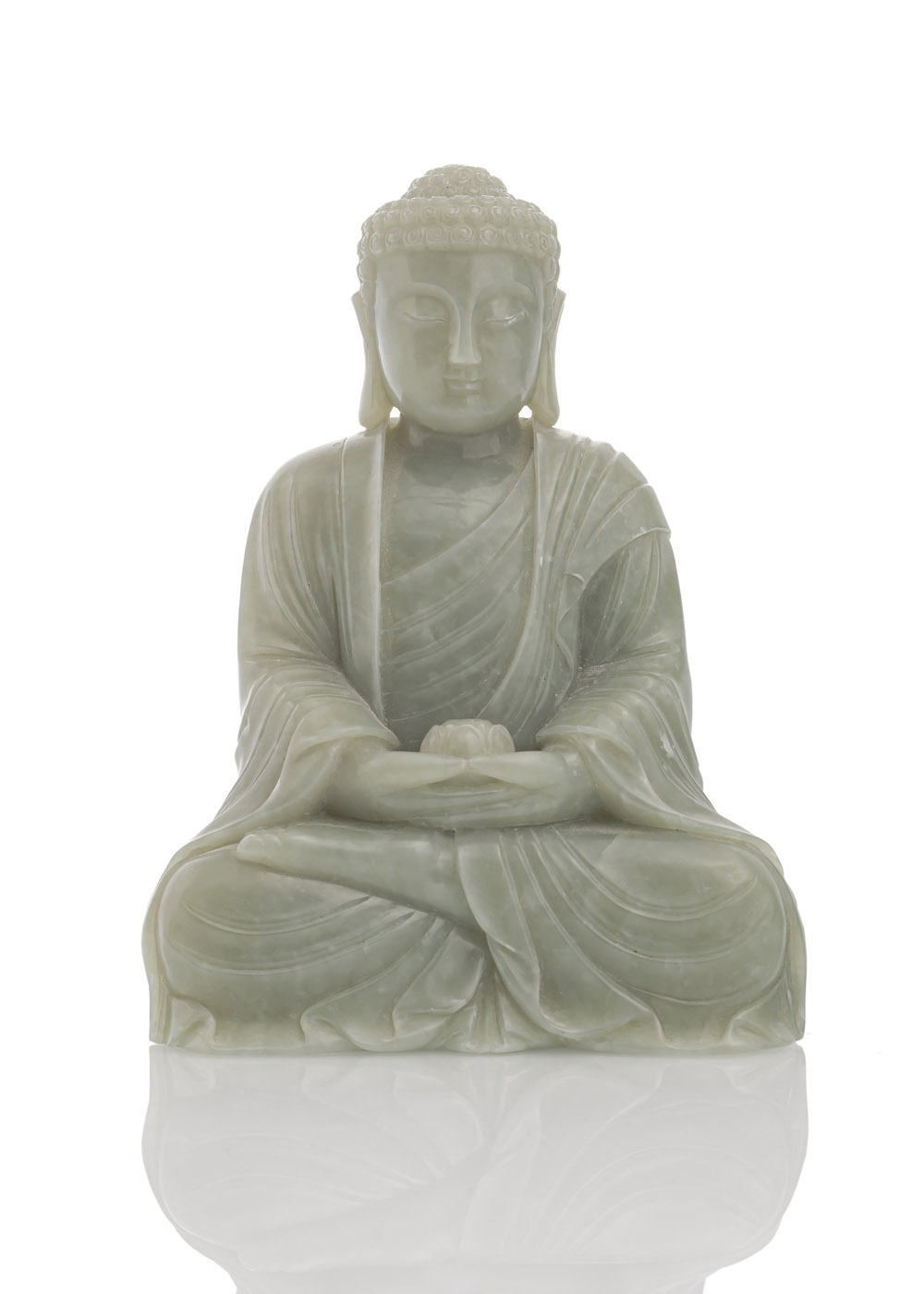 A WELL CARVED JADE FIGURE OF SEATED BUDDHA HOLDING A LOTOS BOWL - Image 2 of 2