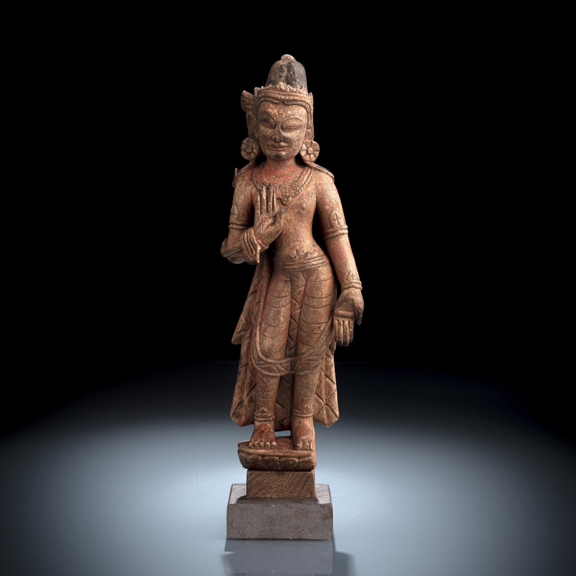 A FINE AND RARE WOOD FIGURE OF STANDING PADMAPANI, Tibet, c. 13th ct.