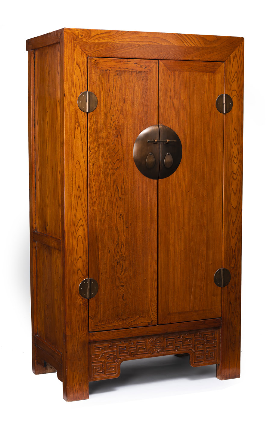A PAIR OF WOODEN CABINETS WITH BRONZE FITTINGS, THE LOWER APRONS CARVED WIITH 'SHOU' CHARACTERS AND - Image 2 of 15