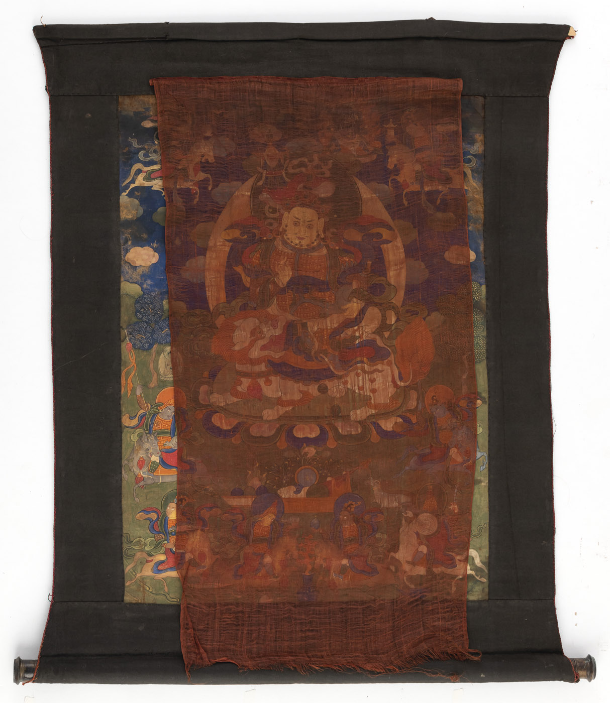 A GROUP OF FOUR THANGKA OR TSAGLI, WITH VAISHRAVANA AND AVALOKITESHVARA, PARTLY MOUNTED - Image 6 of 9