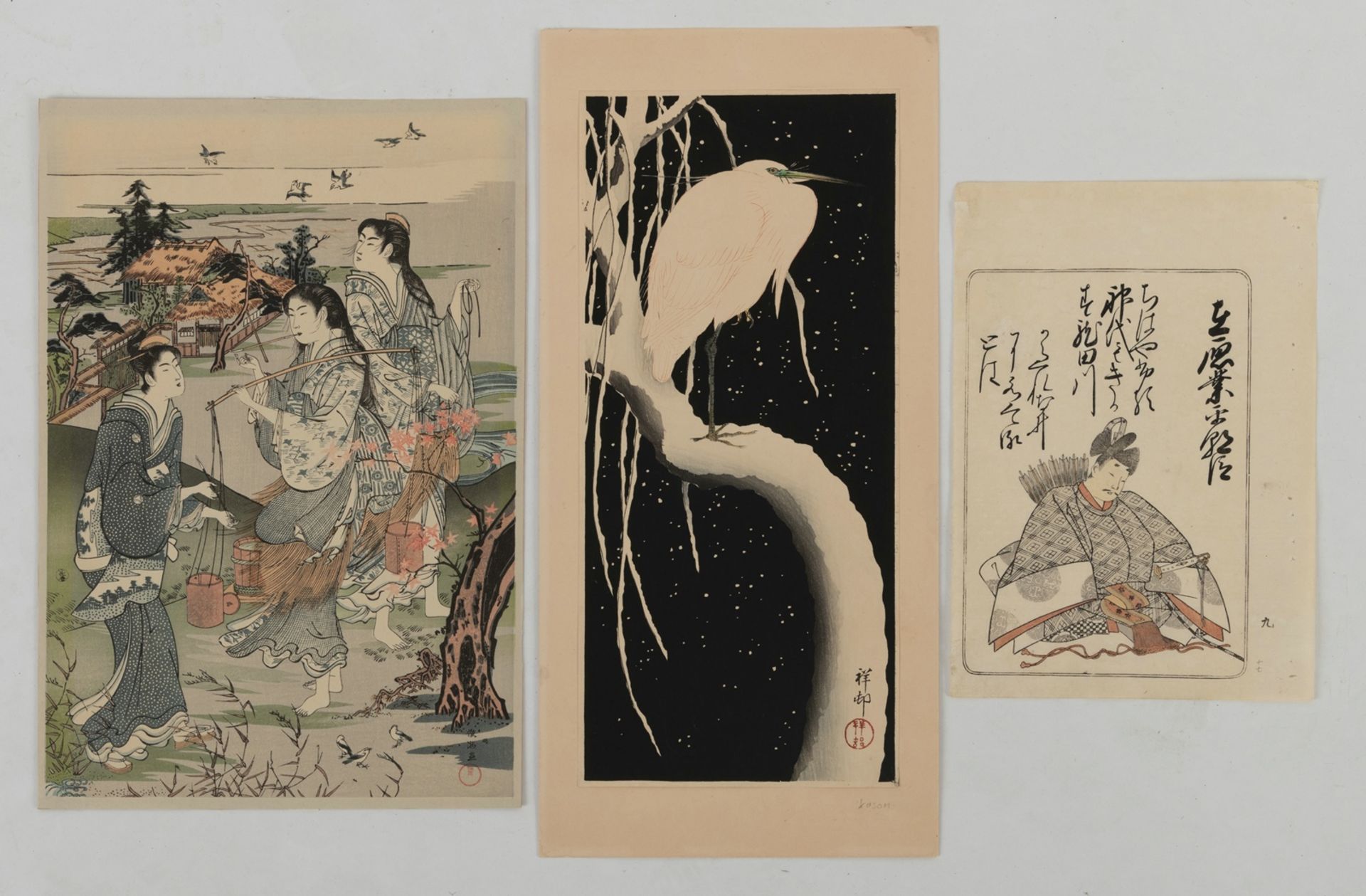 Vier Farbholzschnitte: Utagawa Sadahide, Katsukawa Shunshô, Ohara Koson, Nachschnitt nach Kubo Shun - Bild 3 aus 3