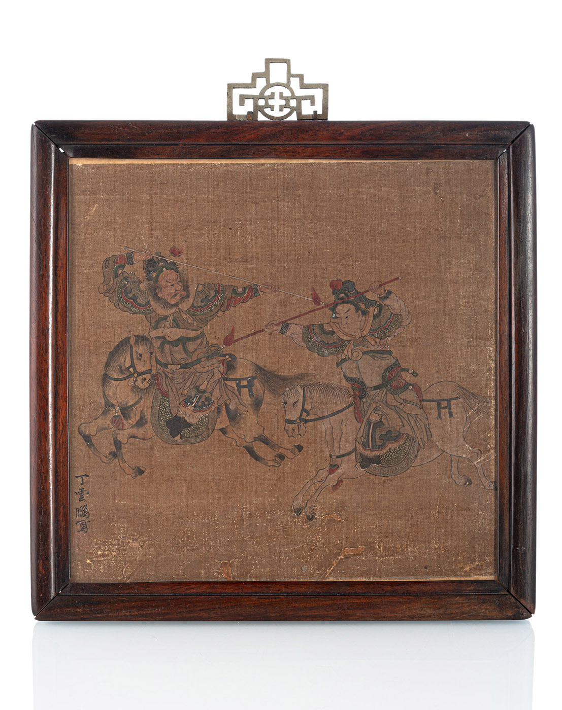 A SILK PAINTING DEPICTING A BATTLE SCENE BETWEEN TWO WARRIORS FROM THE 'ROMANCE OF THE THREE KINGDO