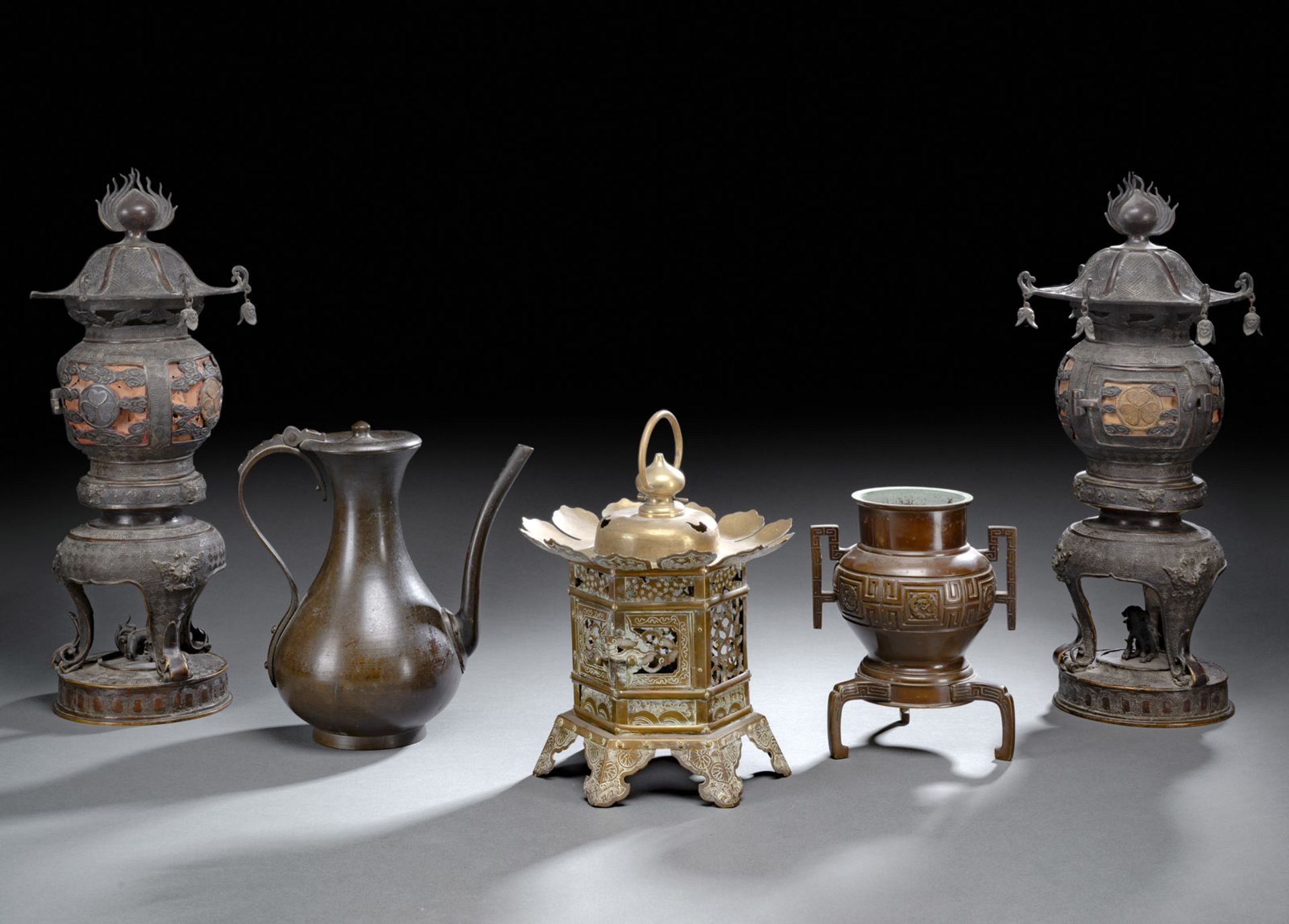 A PAIR OF BRONZE LANTERNS AND OTHER BRONZE WORKS