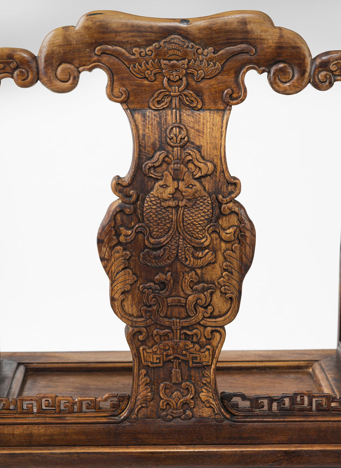 A PAIR OF CARVED RELIEF AUSPICIOUS BATS AND FISH ARMCHAIRS - Image 9 of 10