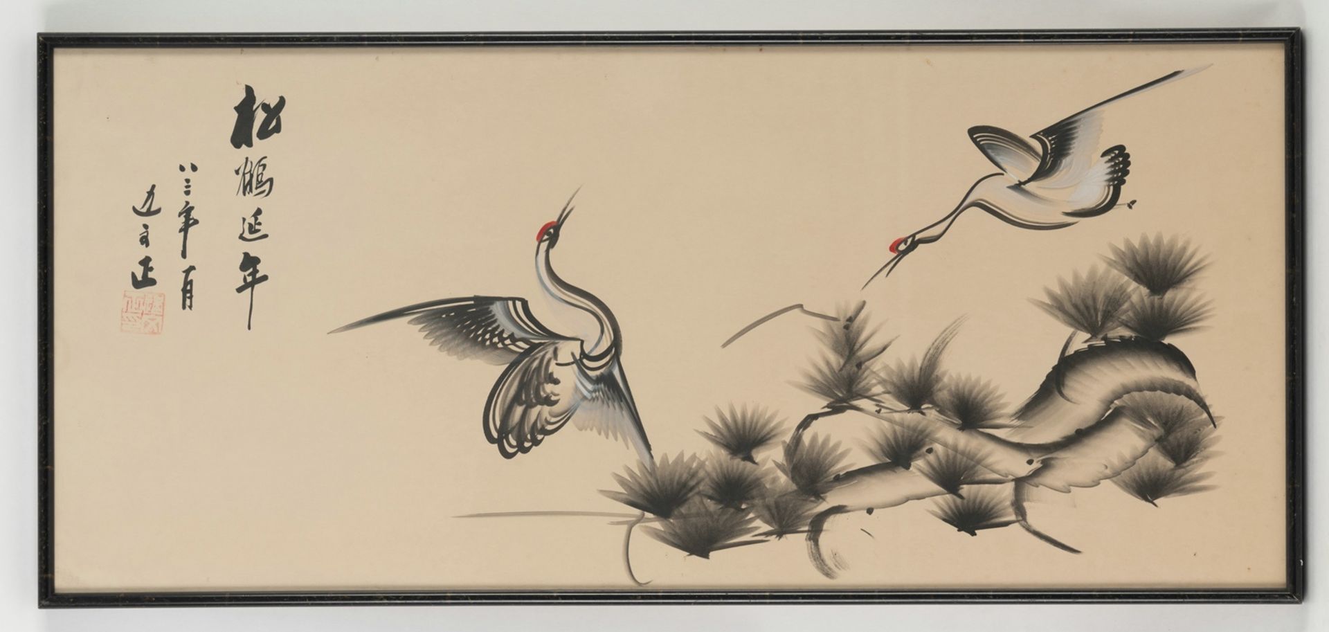 Zwei Malereien auf Papier: Kraniche über einer Kiefer bzw. Ente im Wasser unter Bambus und blühende - Bild 7 aus 10