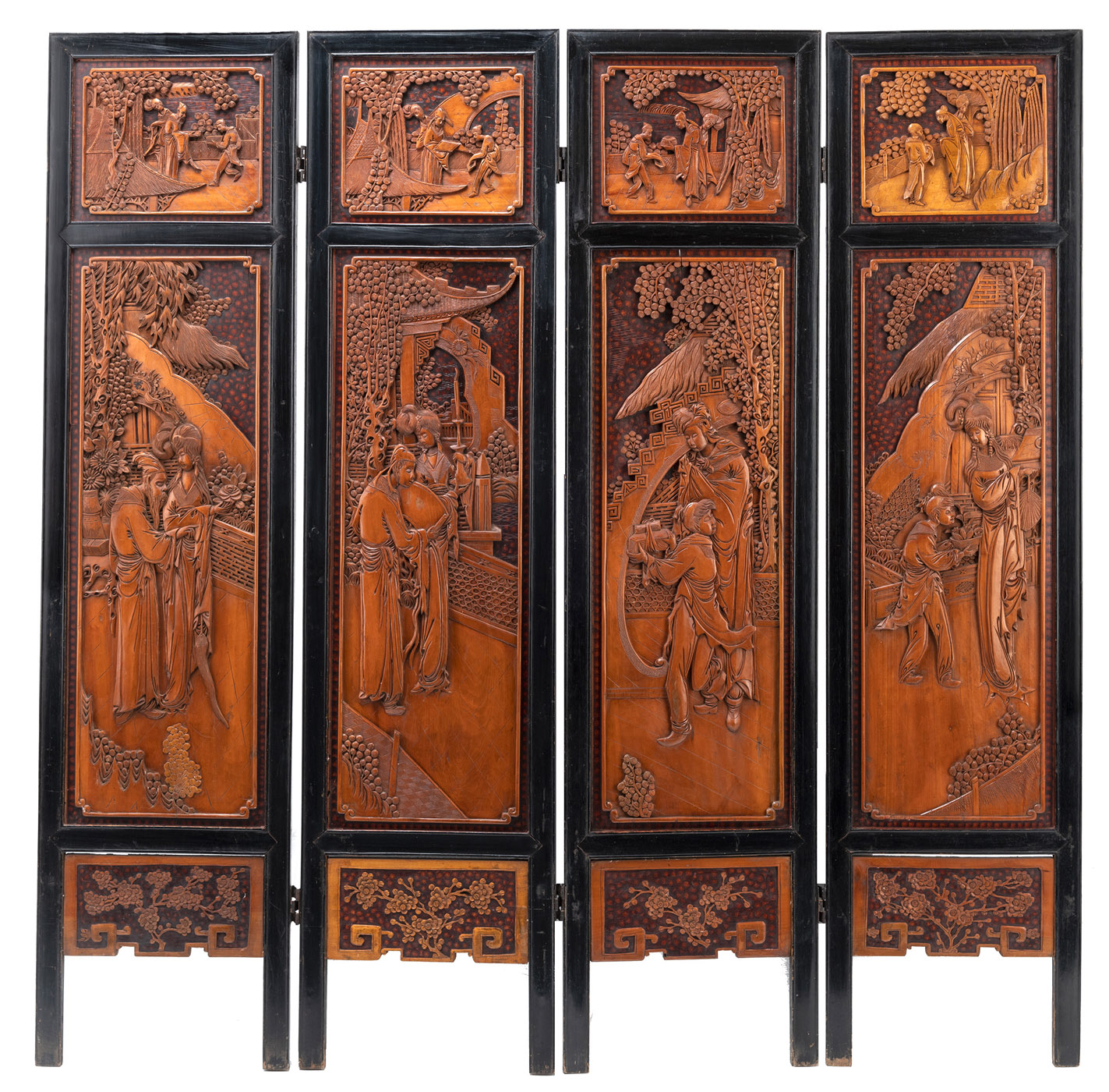 A RELIEF CARVED FIGURAL SCENES FOUR-PART SCREEN