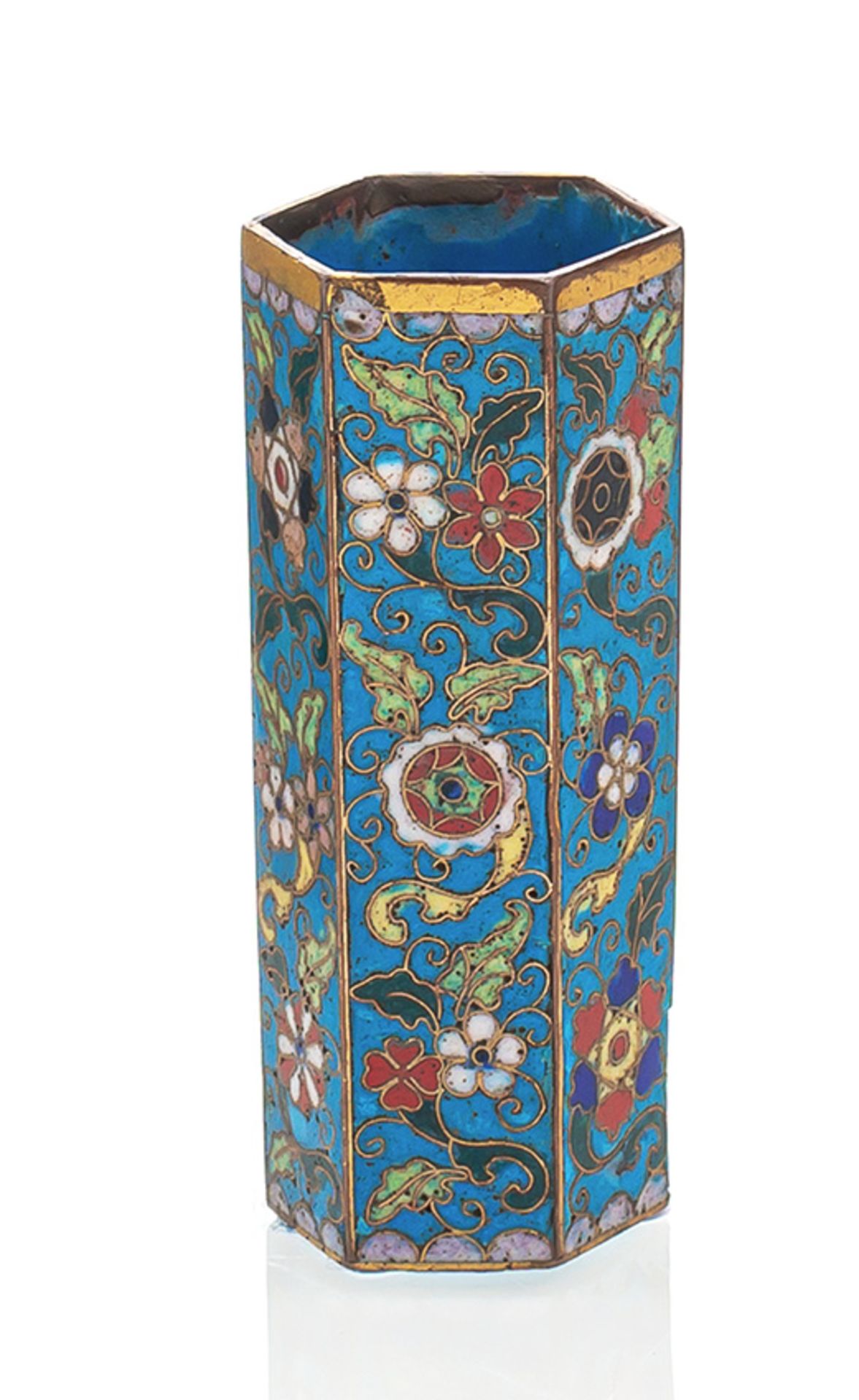 Hexagonale Cloisonné-Vase mit Blütendekor