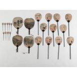 LOT OF ROUND FANS AND SMALL FAN-SHAPED HAIRPINS, PARTLY WITH EMBROIDERED SILK