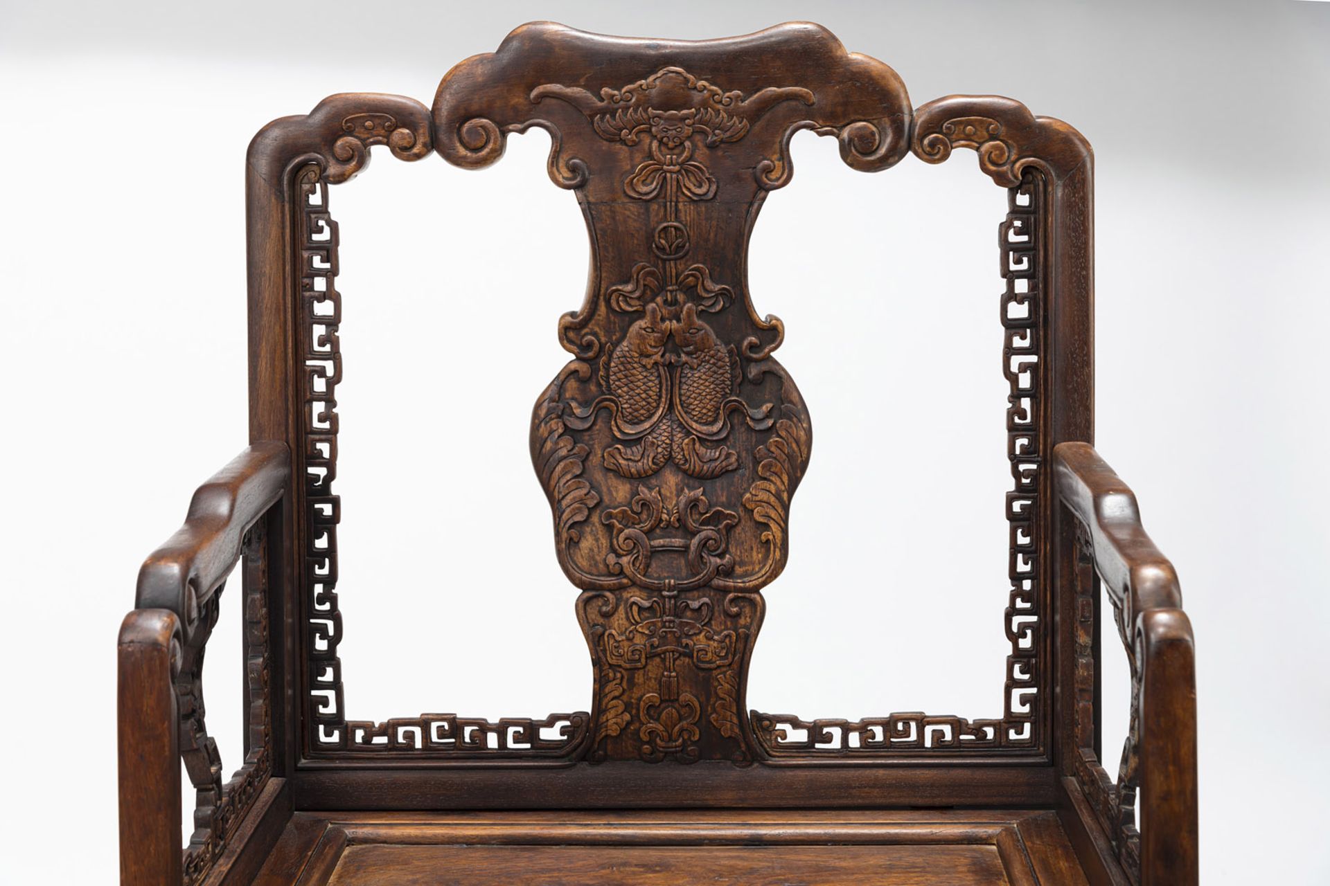 A PAIR OF CARVED RELIEF AUSPICIOUS BATS AND FISH ARMCHAIRS - Image 10 of 10