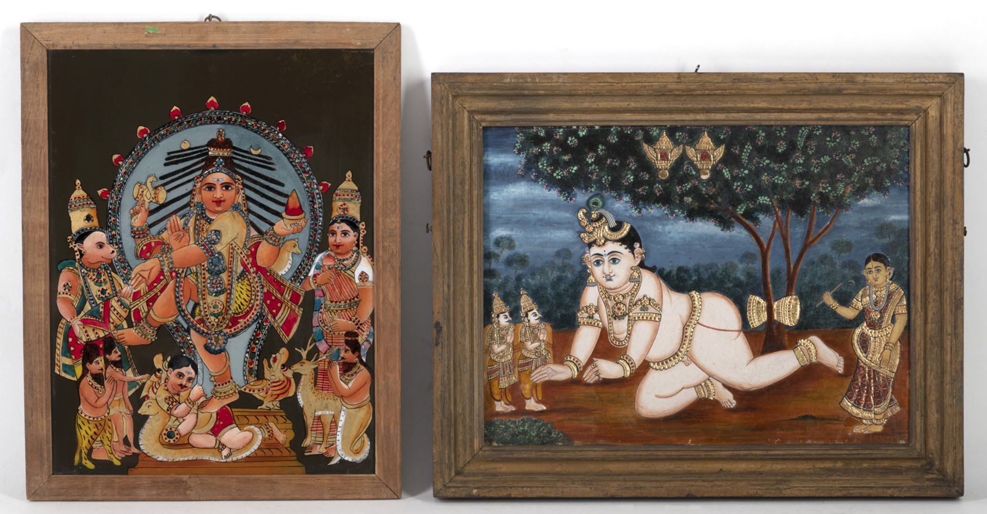 TWO FINELY EXECUTED  REVERSE GLASS PAINTINGS WITH FIGURAL SCENES - Image 2 of 3