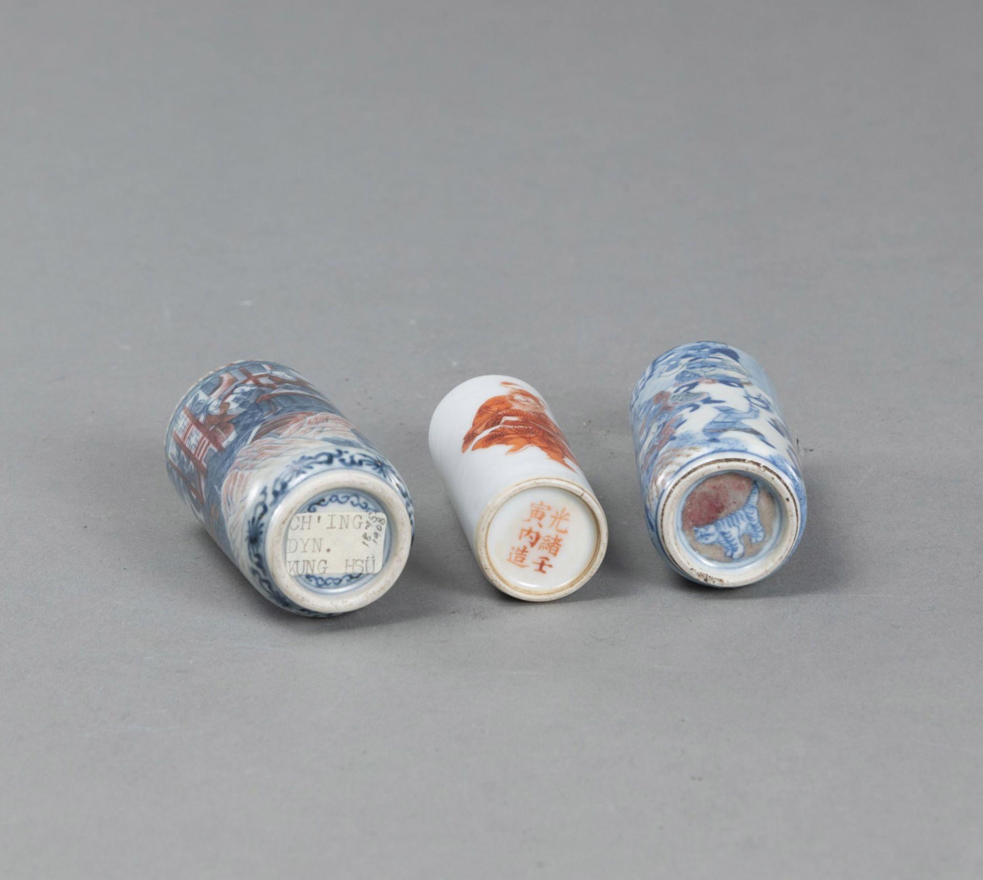 THREE UNDERGLAZE-BLUE AND IRON-RED DECORATED PORCELAIN SNUFFBOTTLES - Image 3 of 3