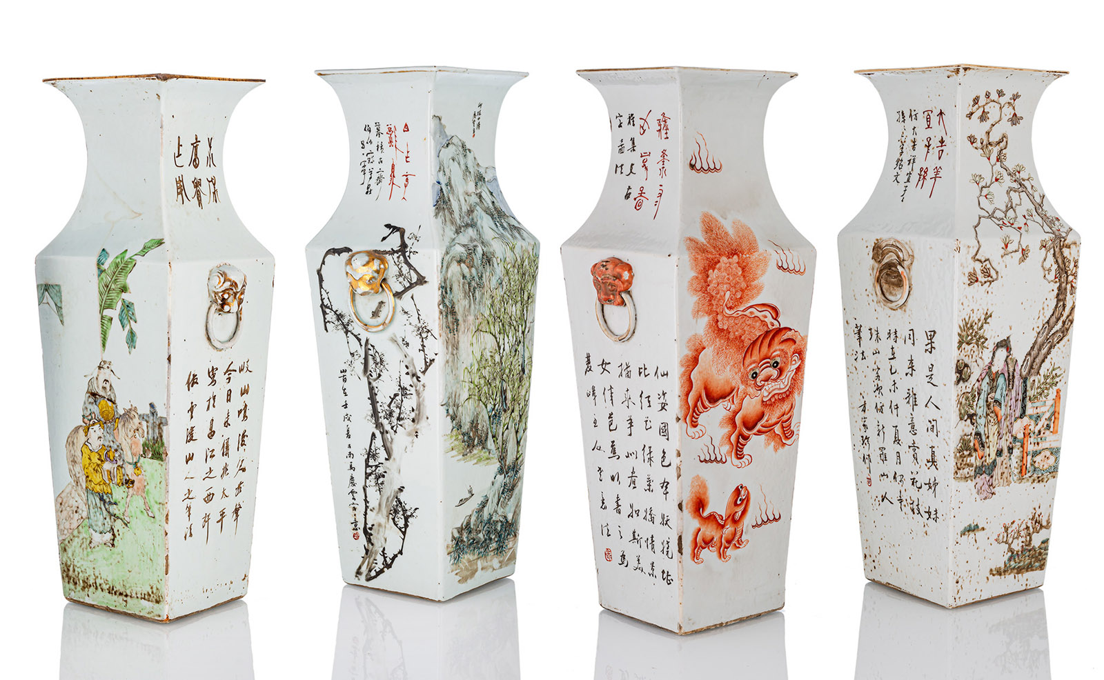 A SET OF FOUR SQUARE PORCELAIN VASES WITH INSCRIPTION AND FIGURE DECORATION IN 'QIANJIANG CAI' AND - Image 2 of 2