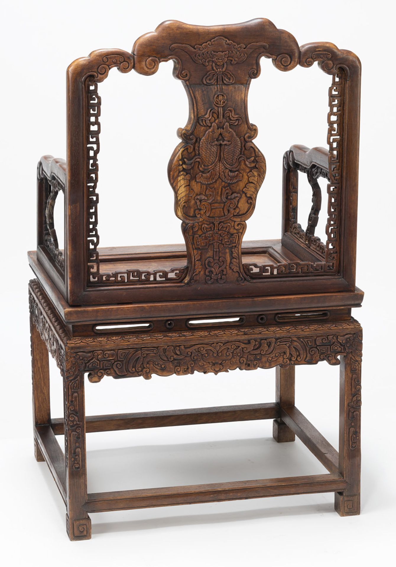 A PAIR OF CARVED RELIEF AUSPICIOUS BATS AND FISH ARMCHAIRS - Image 5 of 10