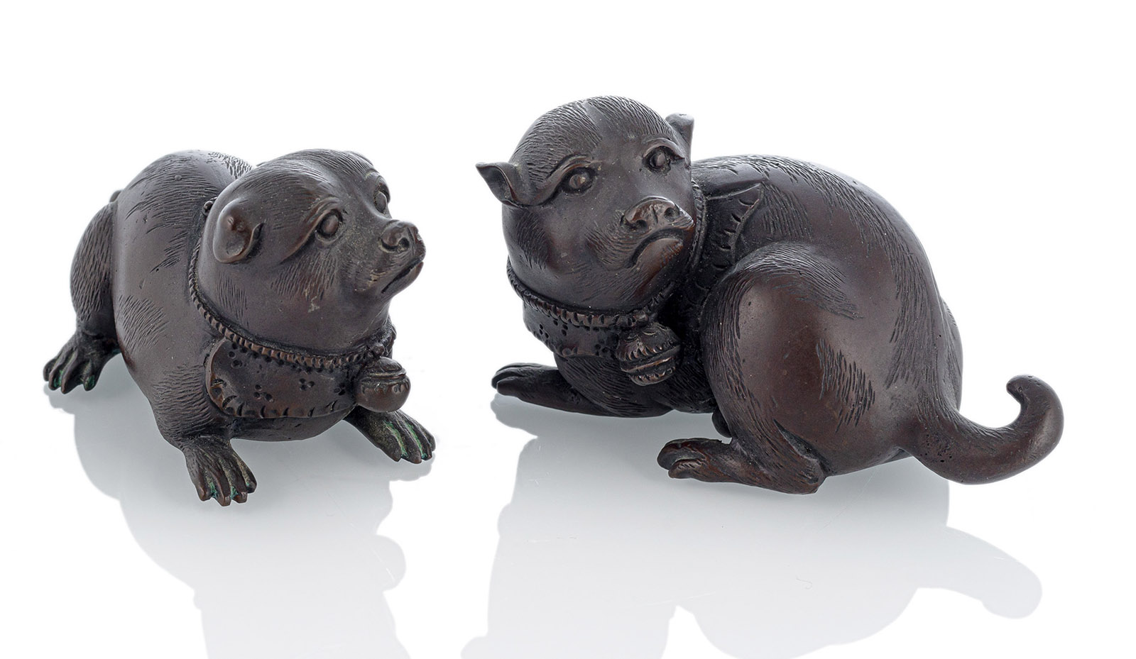 TWO BRONZE OKIMONO OF DOGS