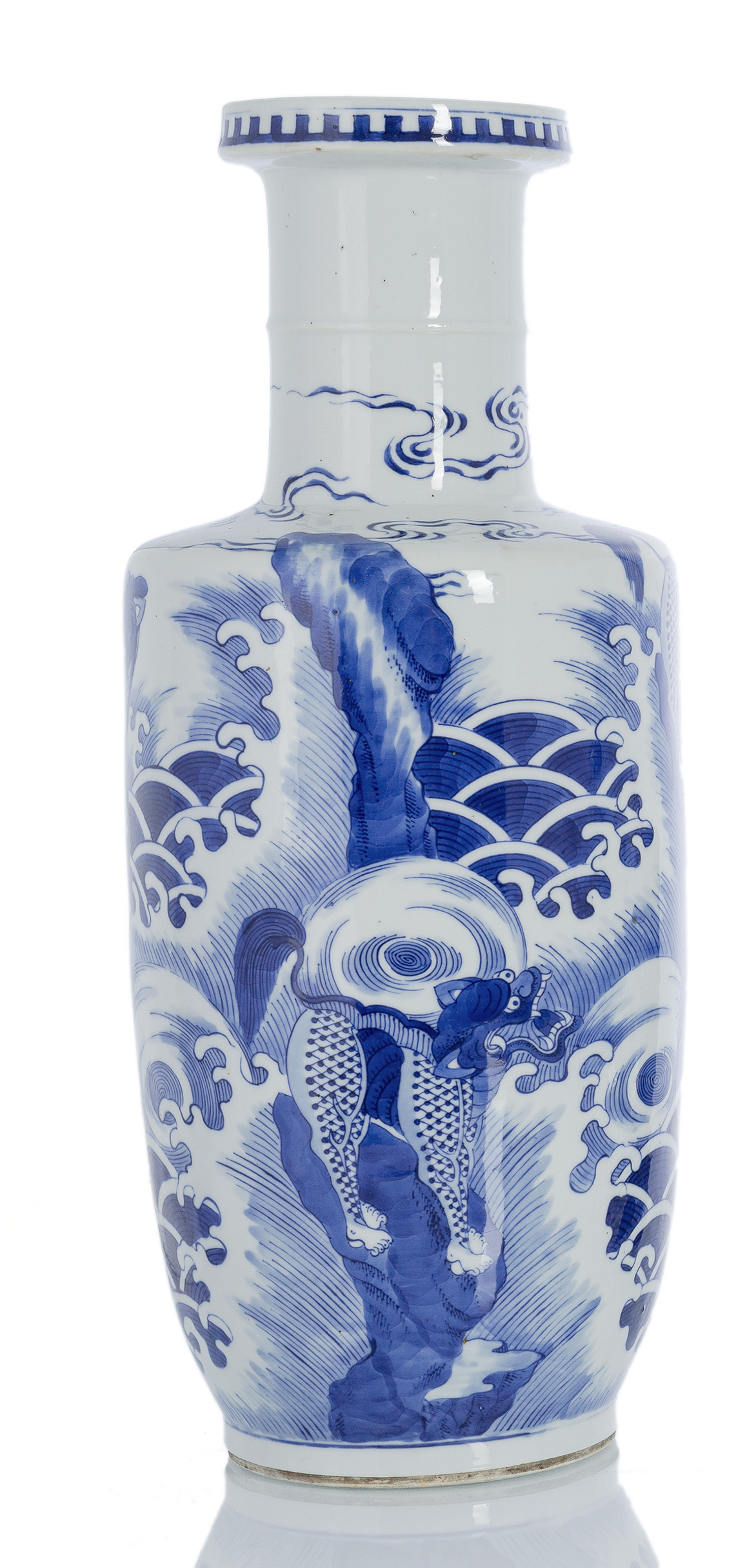 A BLUE AND WHITE MYTHOLOGICAL BEASTS PORCELAIN ROULEAU VASE