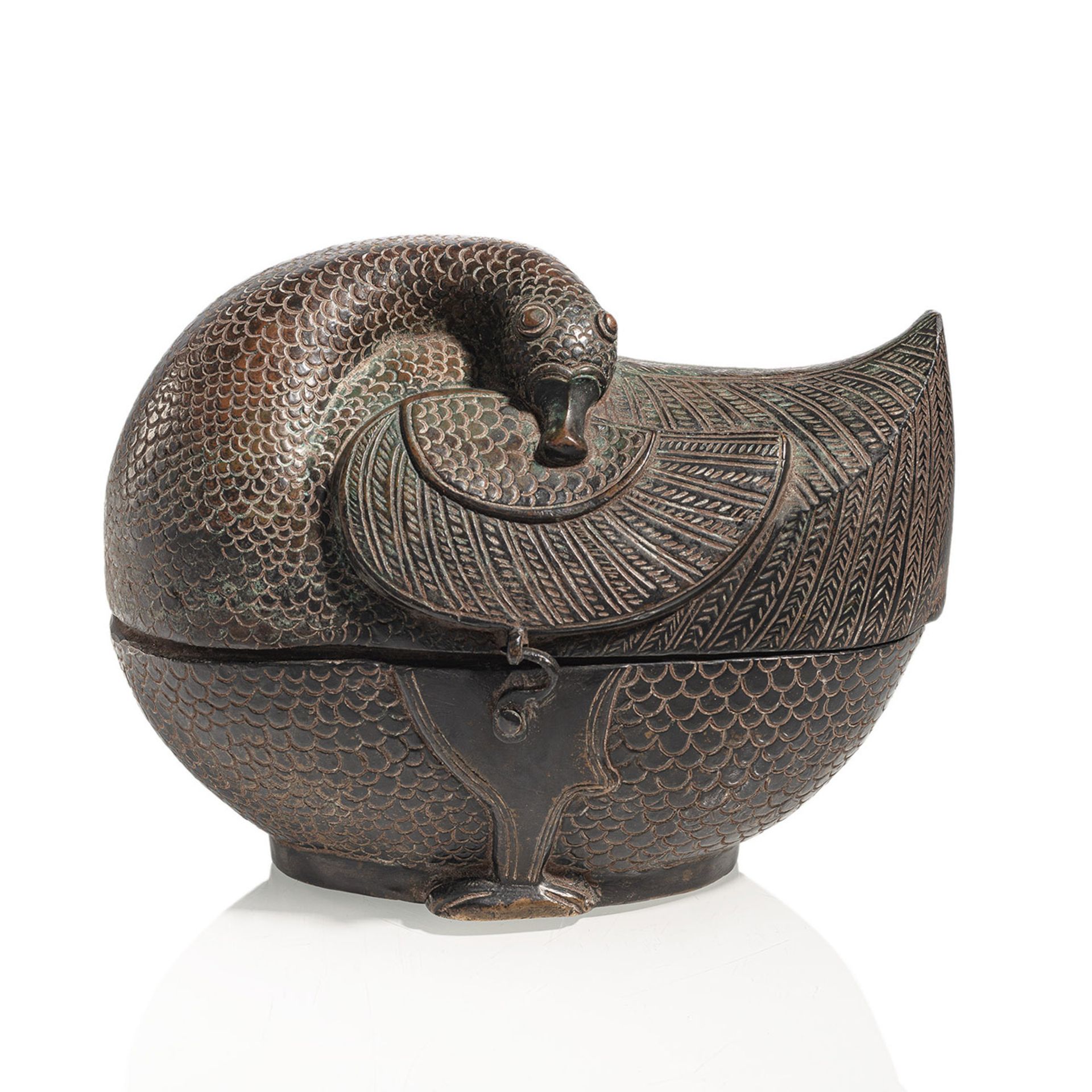 A BRONZE BOX AND COVER IN THE SHAPE OF A RESTING DUCK