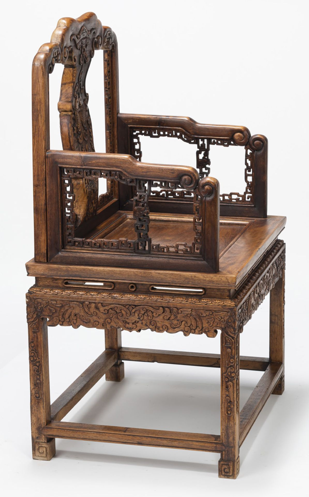 A PAIR OF CARVED RELIEF AUSPICIOUS BATS AND FISH ARMCHAIRS - Image 6 of 10