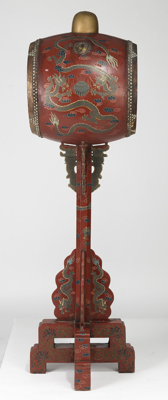 A LARGE DRUM ON A RED-LACQUERED STAND WITH DRAGONS - Image 7 of 7