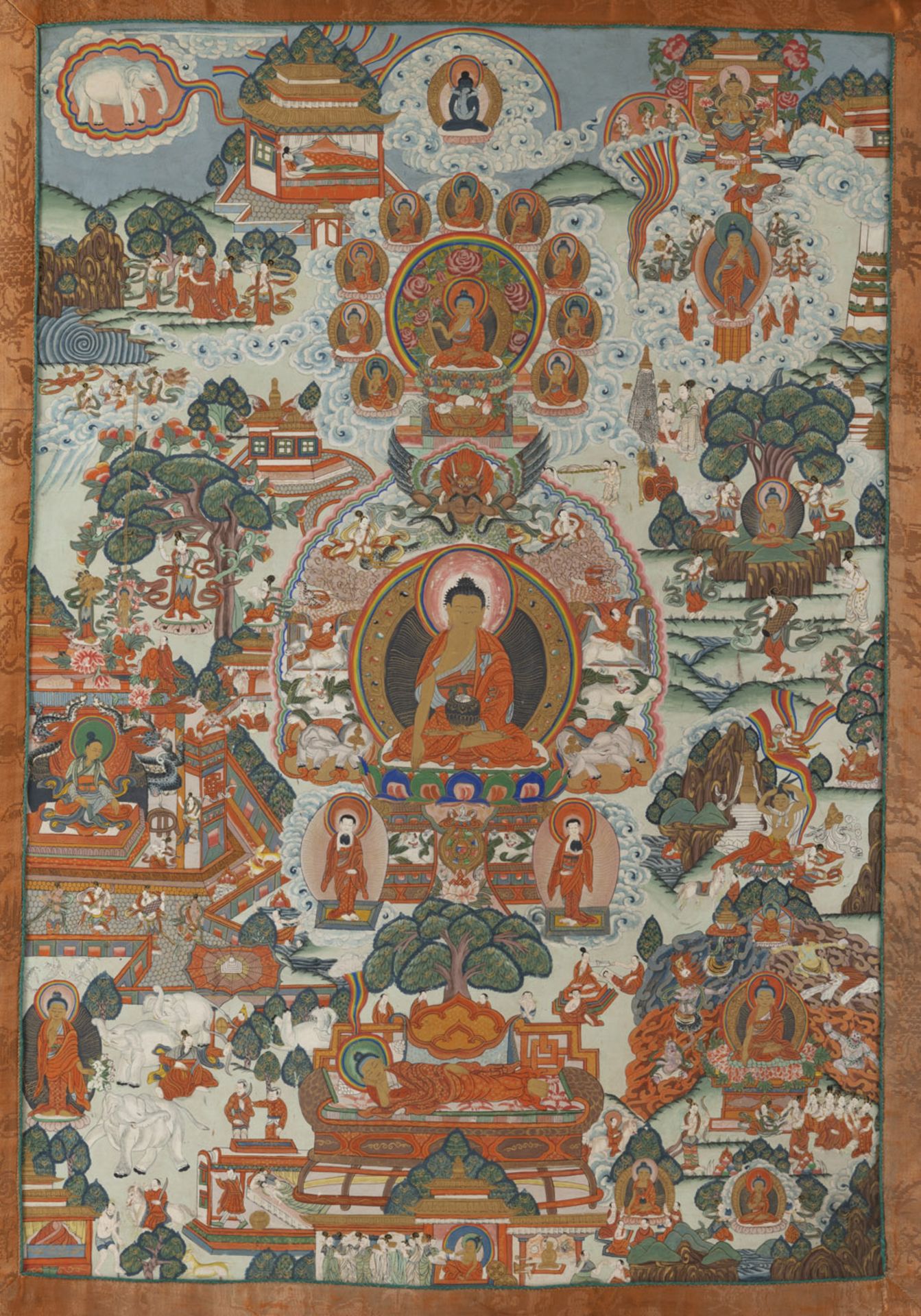 Thangka des Buddha Shakyamuni, umgeben von Szenen seines Lebens