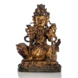 Bronze des Manjushri auf einem Löwen sitzend