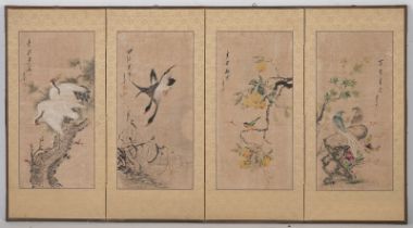 Vierteiliger Stellschirm mit Malereien glückverheißender Vogel- und Floralmotive