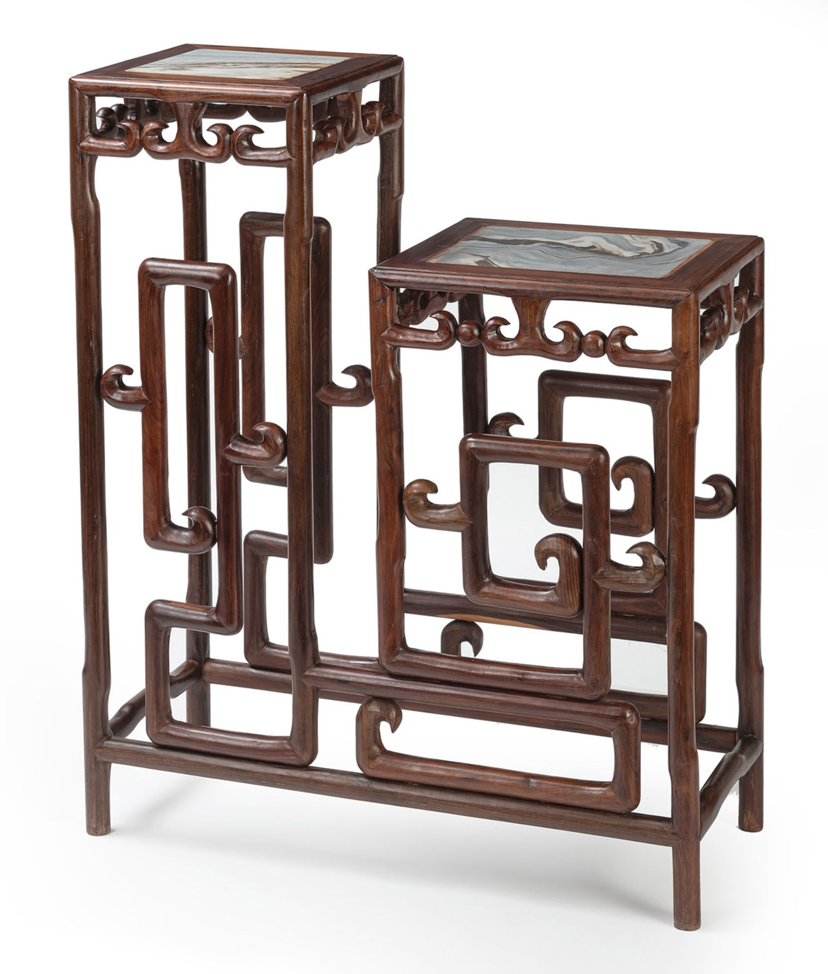 A TWO-TIERED 'DREAMSTONE'-INLAID WOOD STAND