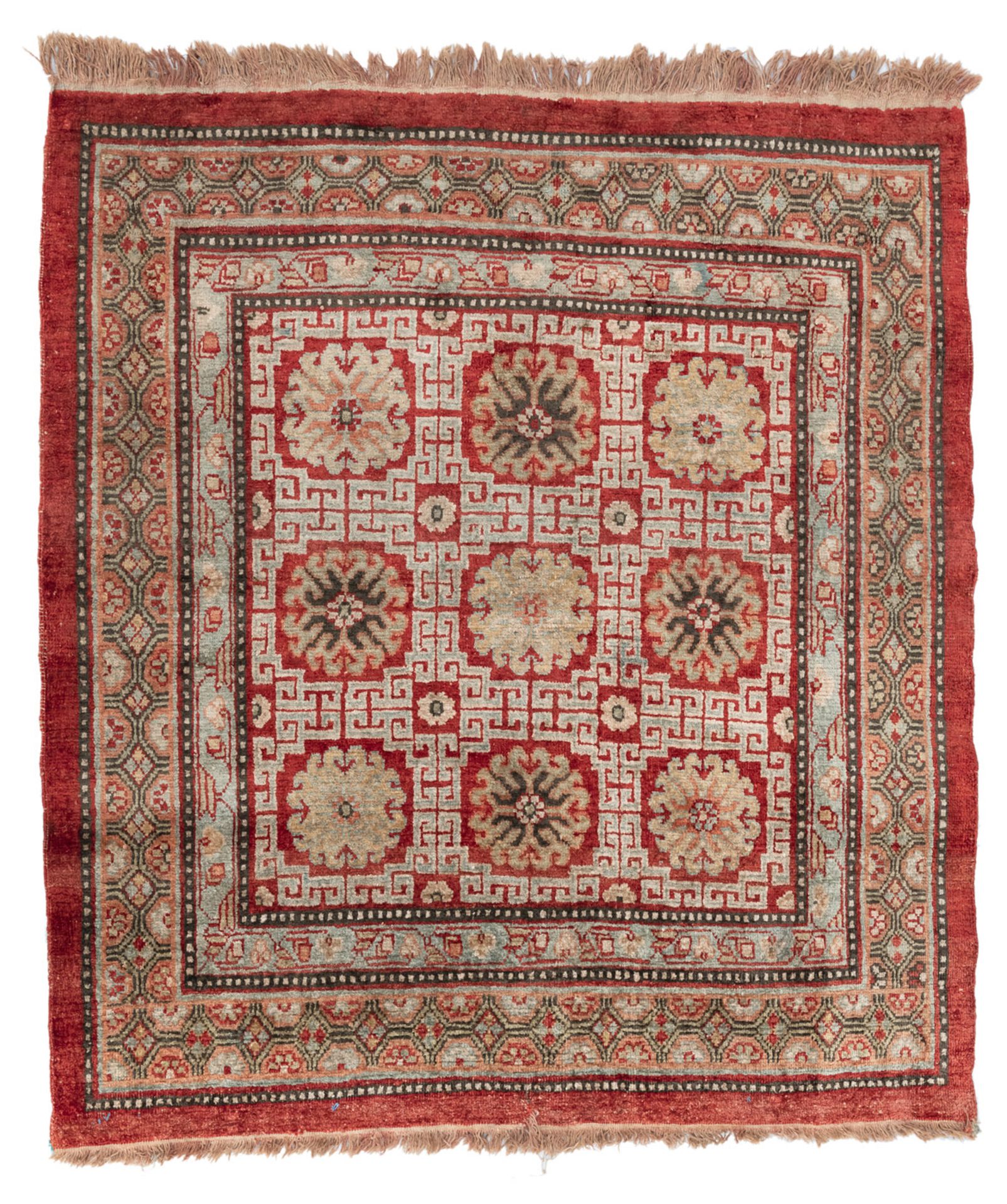 A RARE SQUARE KHOTAN SILK SEAT MAT