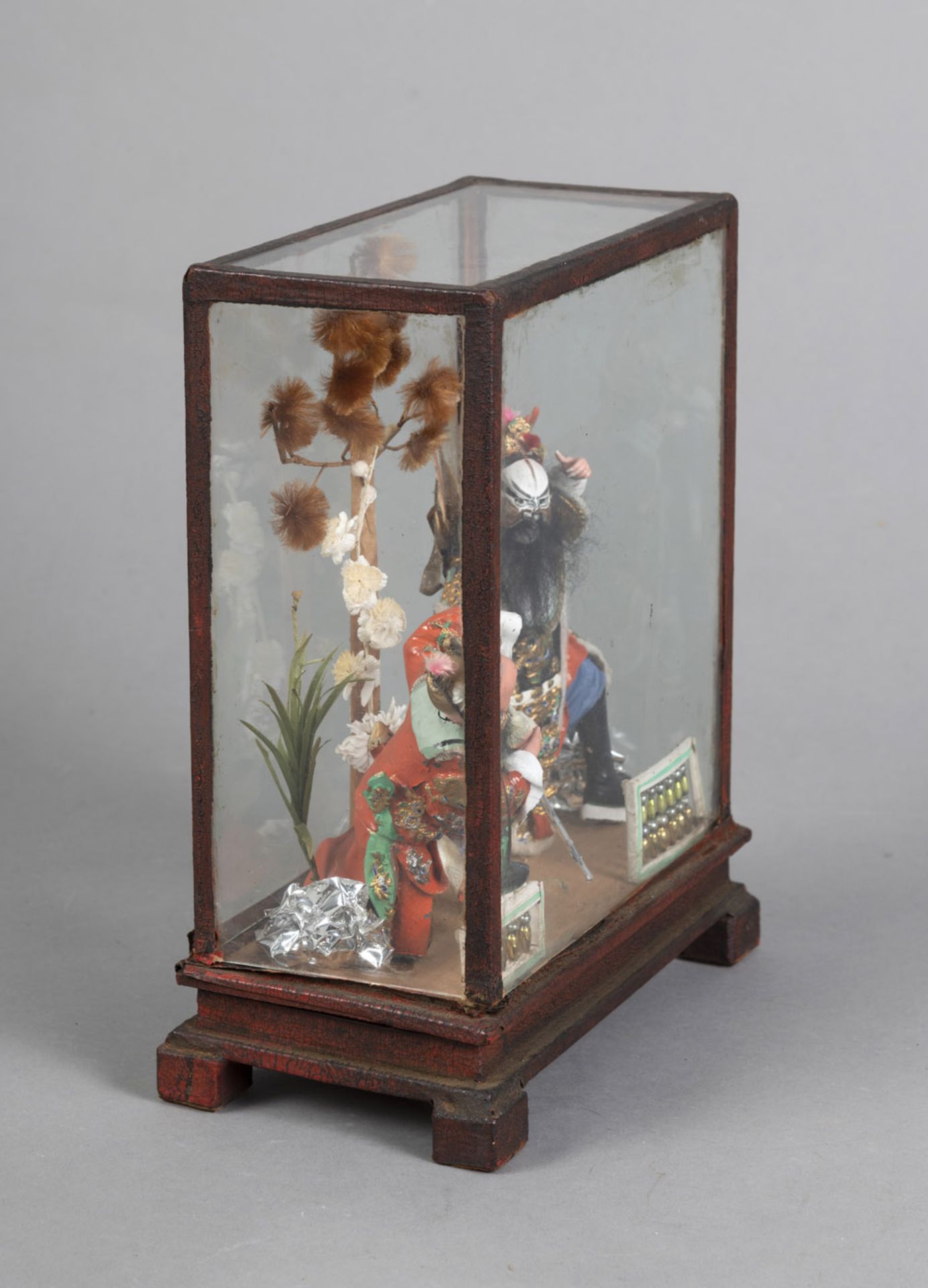 A GLASS SHOWCASE WITH TWO PAINTED CERAMICS PEKING OPERA FIGURES - Image 2 of 3