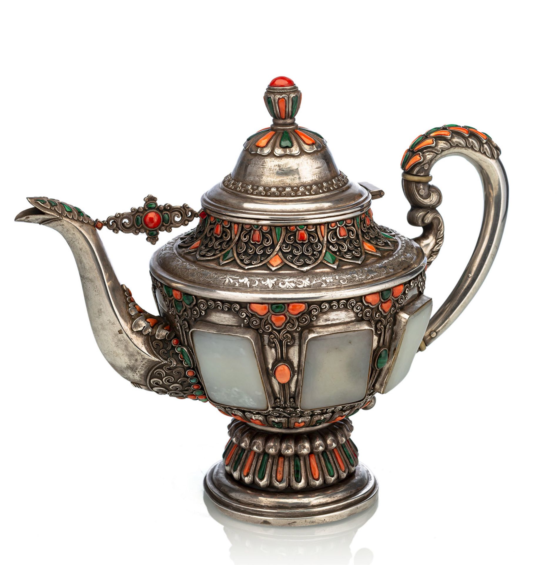 ﻿A SEMI-PRECIOUS STONE STUDDED LOW-ALLOY SILVER TEAPOT