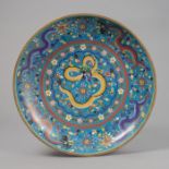 Cloisonné-Rundplatte mit polychromem Drachendekor