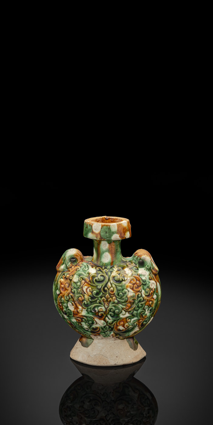 A RARE MOLDED SANCAI POTTERY PILGRIM'S FLASK