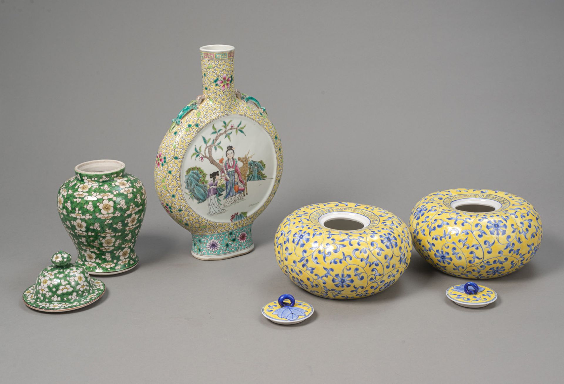 LOT OF PORCELAIN: TWO YELLOW-GROUND GOURD-SHAPED COVERED VESSELS, A PILGRIM BOTTLE, A GREEN-GROUND - Image 2 of 3