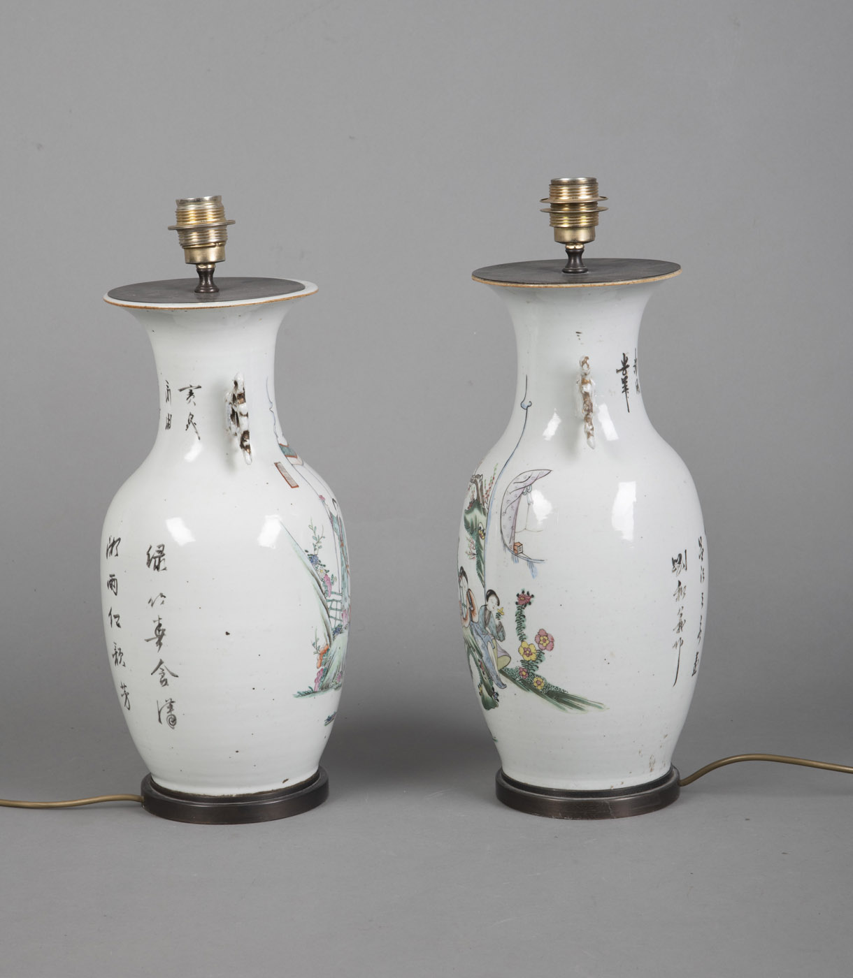 A PAIR OF POLYCHROME PAINTED PORCELAIN VASES DEPICTING LADIES IN A GARDEN, MOUNTED AS LAMPS - Image 2 of 4