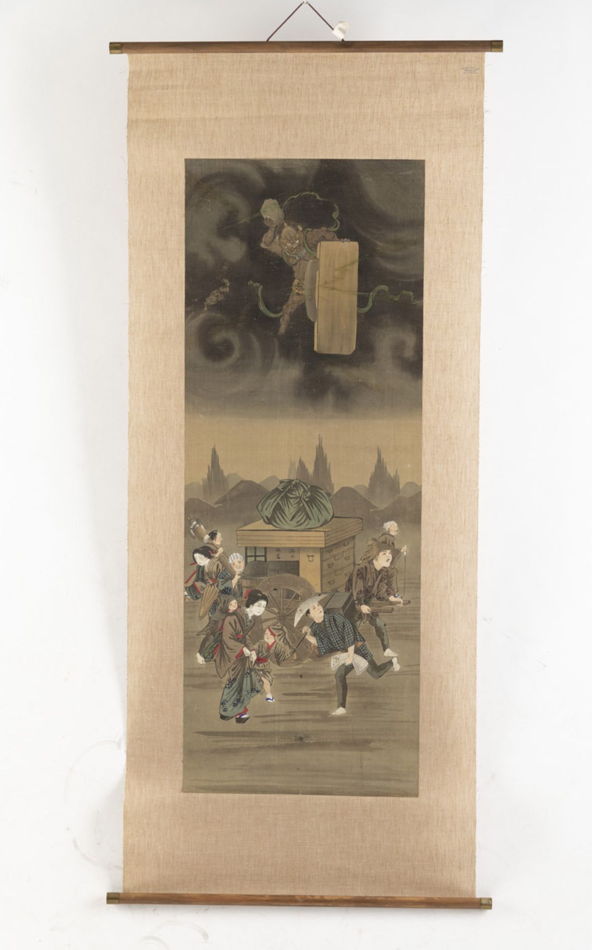 FOUR HANGING SCROLLS WITH DIFFERENT DEPICTIONS: ESCAPE FROM THE RAIN, A RIVER LANDSCAPE, A PAIR OF - Image 13 of 17