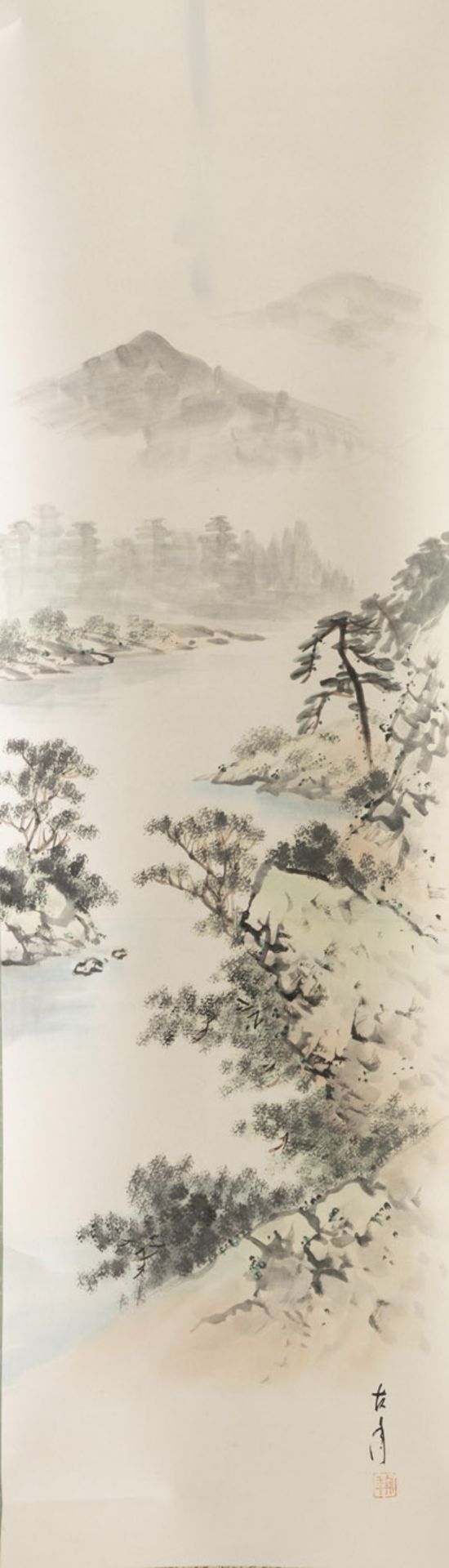 FOUR HANGING SCROLLS WITH DIFFERENT DEPICTIONS: ESCAPE FROM THE RAIN, A RIVER LANDSCAPE, A PAIR OF - Image 5 of 17