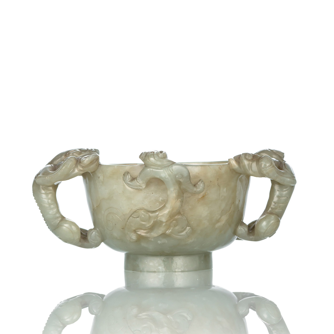 A FINE CARVED CHILONG JADE CUP