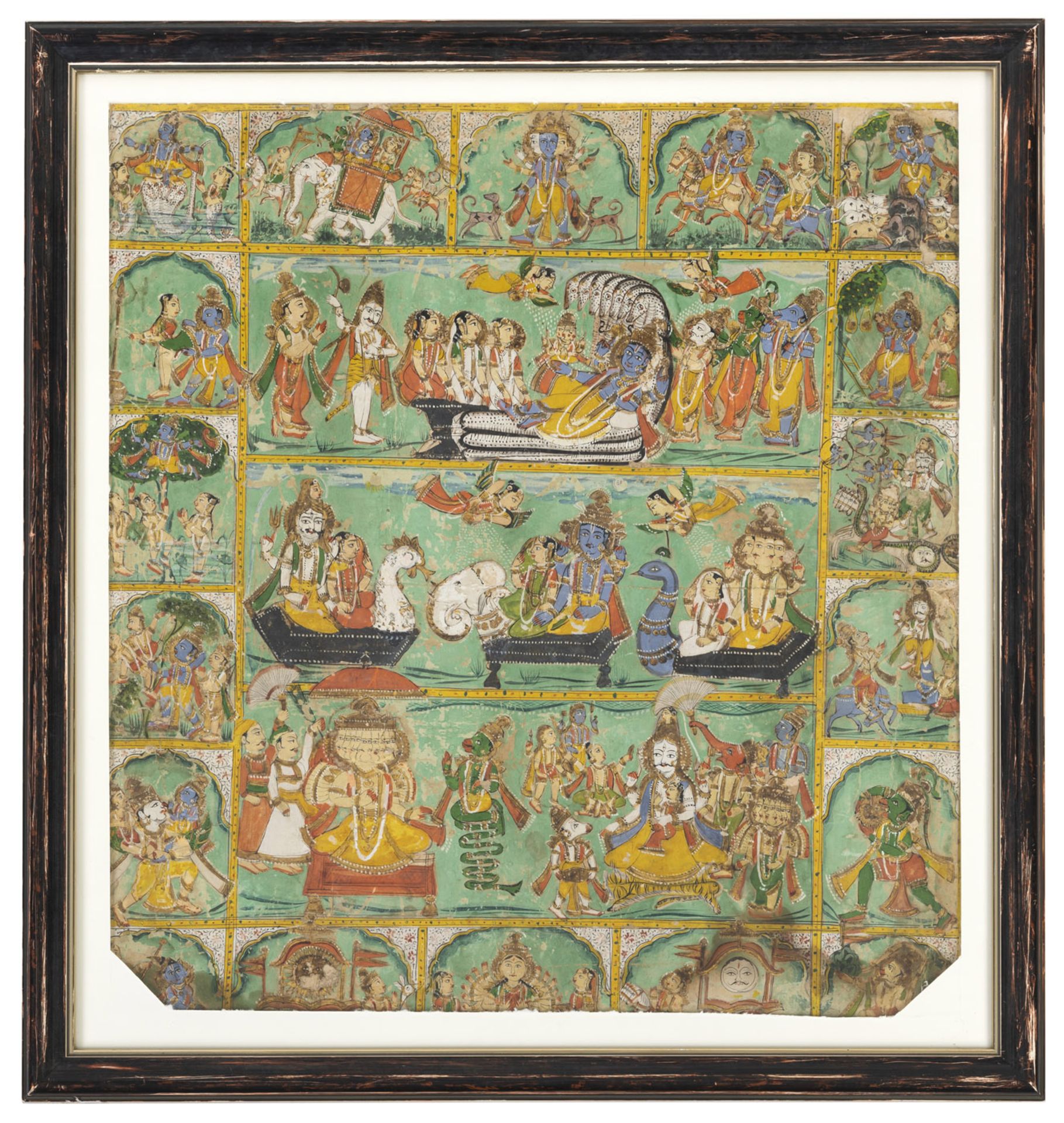 TWO POLYCHROME GOUACHE PAINTINGS, F:EX: WITH FIGURAL SCENES OF KRISHNA´S LIFE - Image 3 of 3