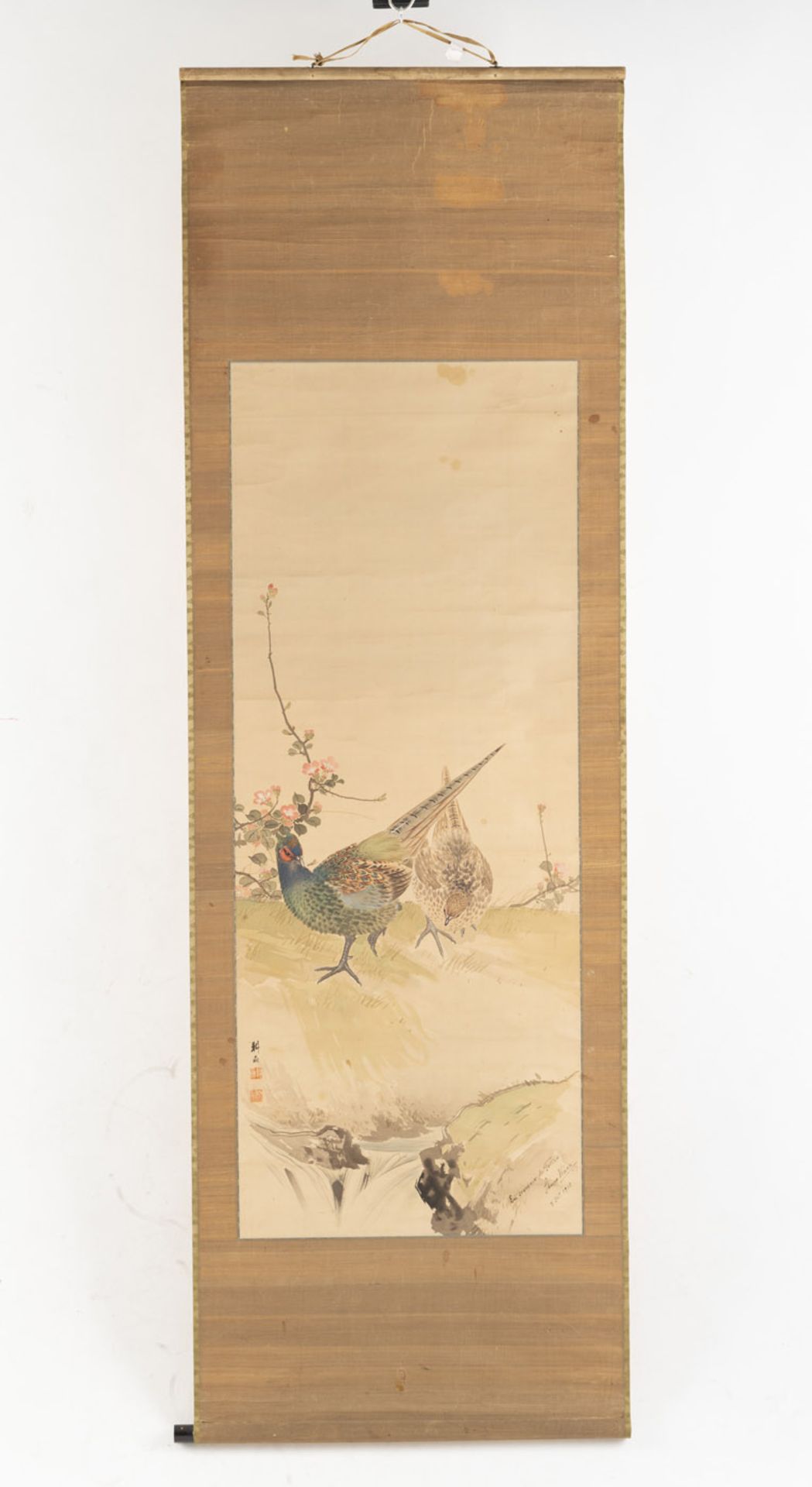 FOUR HANGING SCROLLS WITH DIFFERENT DEPICTIONS: ESCAPE FROM THE RAIN, A RIVER LANDSCAPE, A PAIR OF - Image 6 of 17